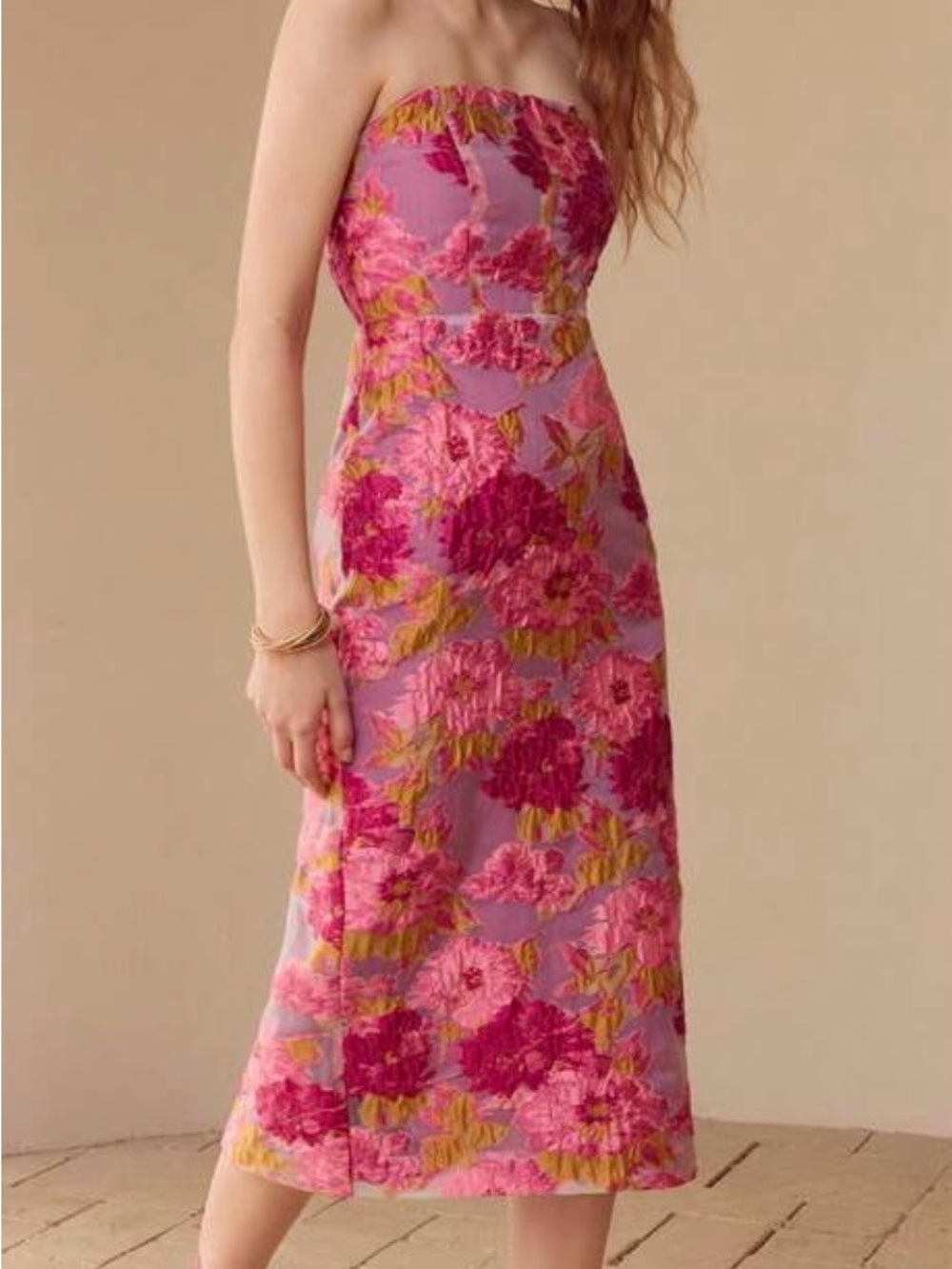Strapless Pink Floral Midi Dress